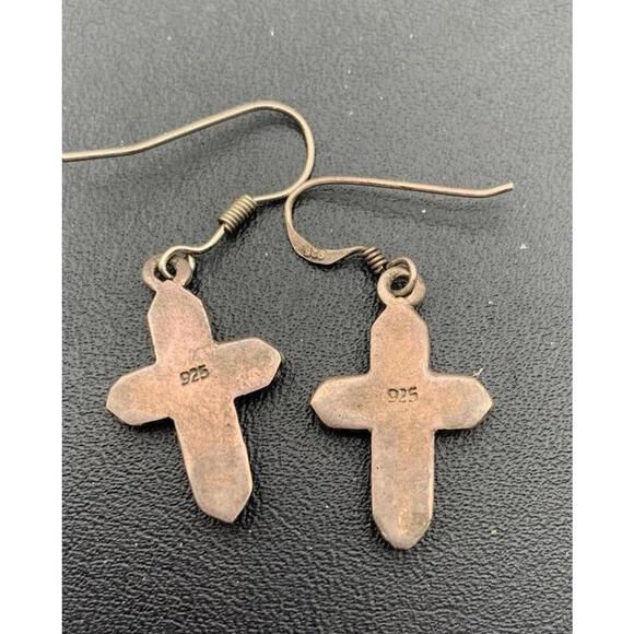 Vintage 925 Silver Black Onyx Braided Cross Earrings Hook Dangle Pierced (READ) - Picture 4 of 4